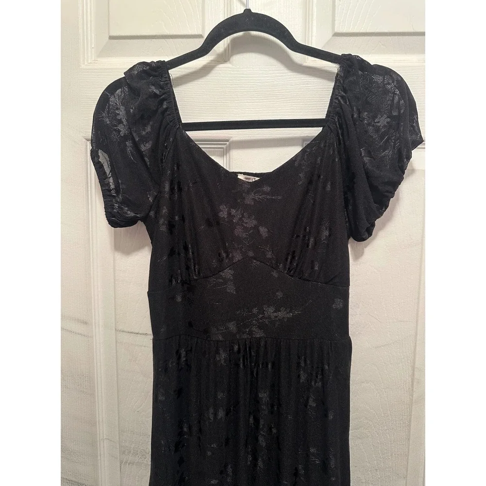 Ember Black Mesh Floral Maxi Dress Short Puff Sleeve Smocked Back S Whimsigoth - Picture 5 of 6